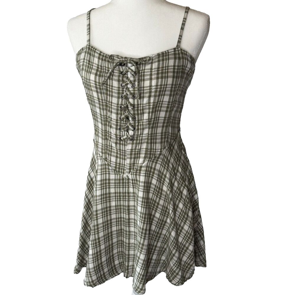Self Esteem Green Plaid Lace Up Corset Mini Dress Skatercore Size Large Y2K